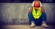 trabajador de la construcción abrumado agarrándose la cabeza